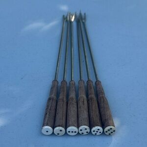 Vintage 70s Set of Six Fondue Forks with Wooden Handles and Dice Themed Tips